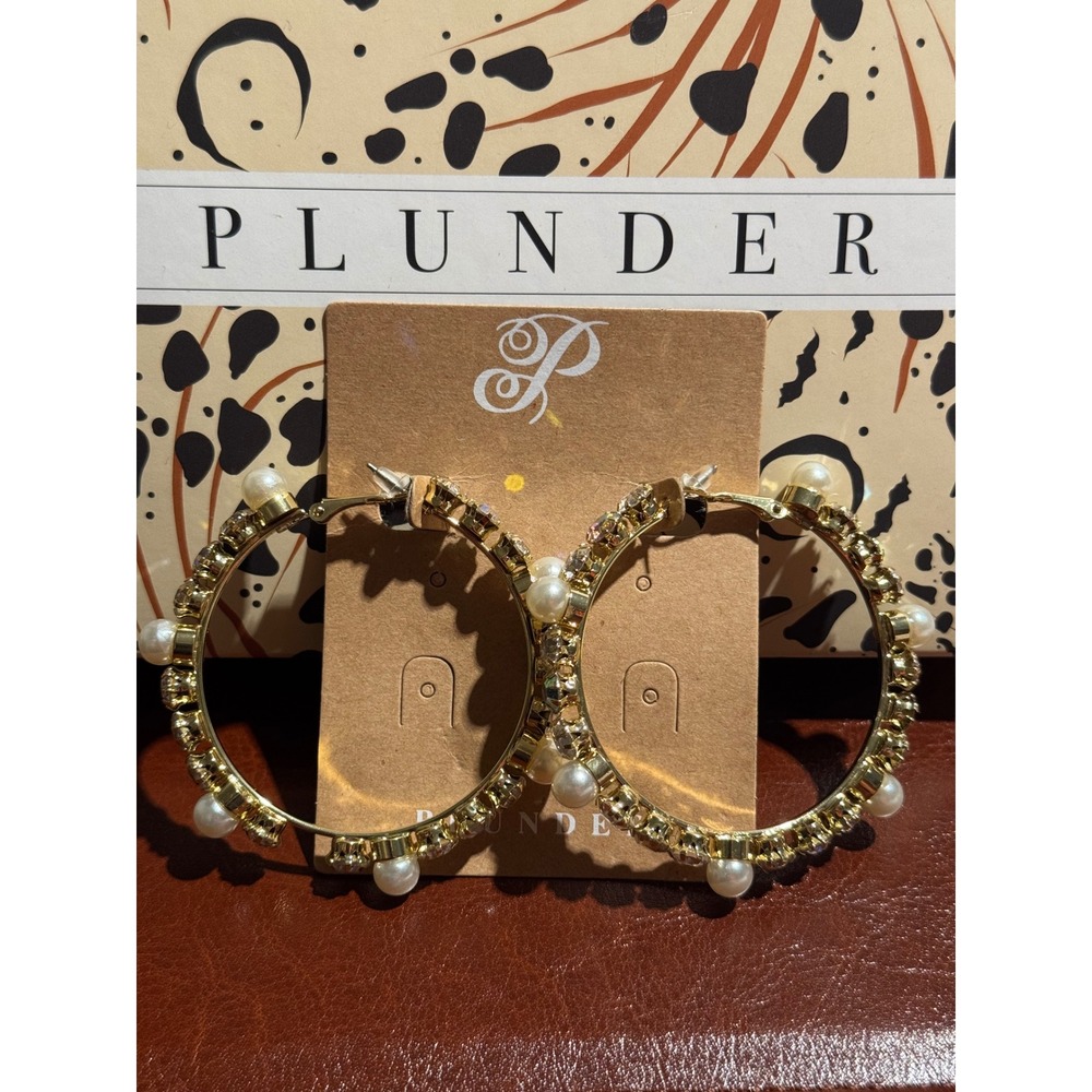 Plunder Design Gold Tone Hoop Earrings Faux Pearl Rhinestone Statement Jewelry